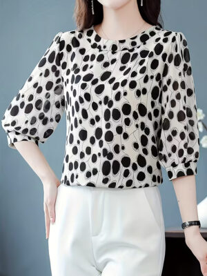 Polka Dot Chiffon Blouse, Tummy Control, Fashionable Summer New Arrival, Elegant and Versatile, Youthful Loose-Fit Short Sleeve