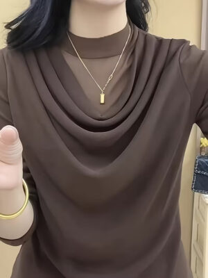 Plus Size - Autumn Winter New Plus Size Solid Color Stand-Up Collar T-Shirt Women'S Top Elegant Good-Looking Age-Reducing Versatile Style