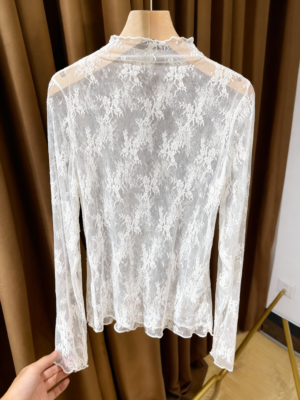 Women's Lace Long Sleeve Top, Half High Neck Design, Elegant Mesh Fabric, Perfect Inner Layer for Fall & Winter